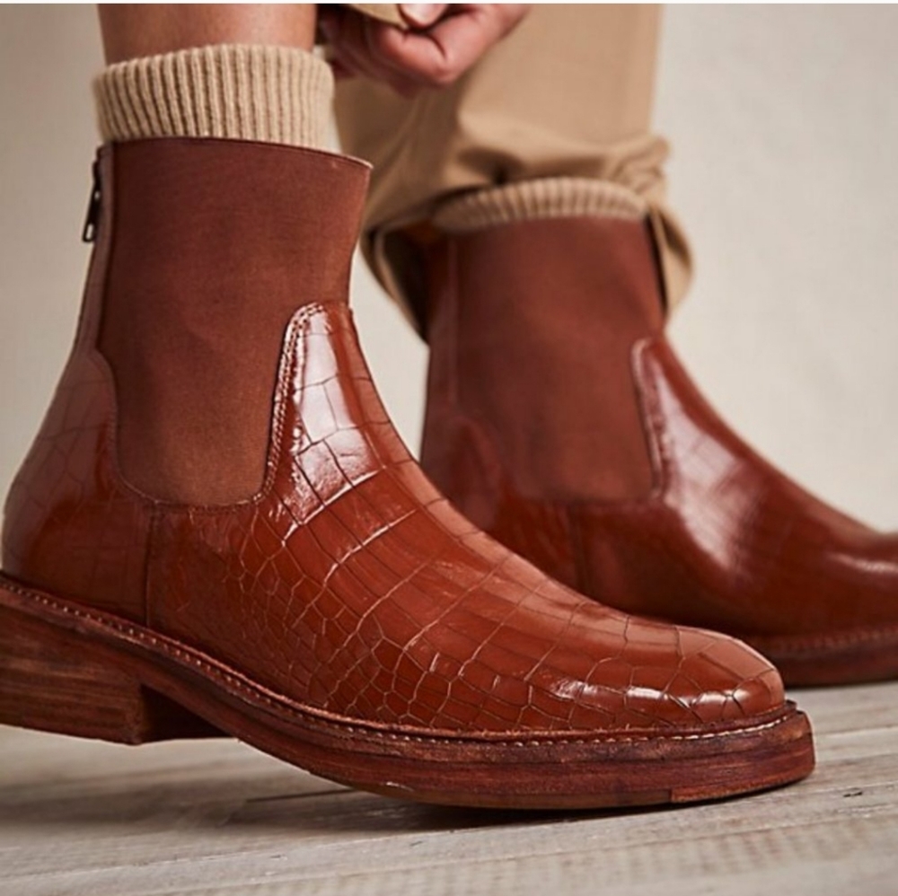 Free People Brown Croc-Embossed Leather Ankle Boots